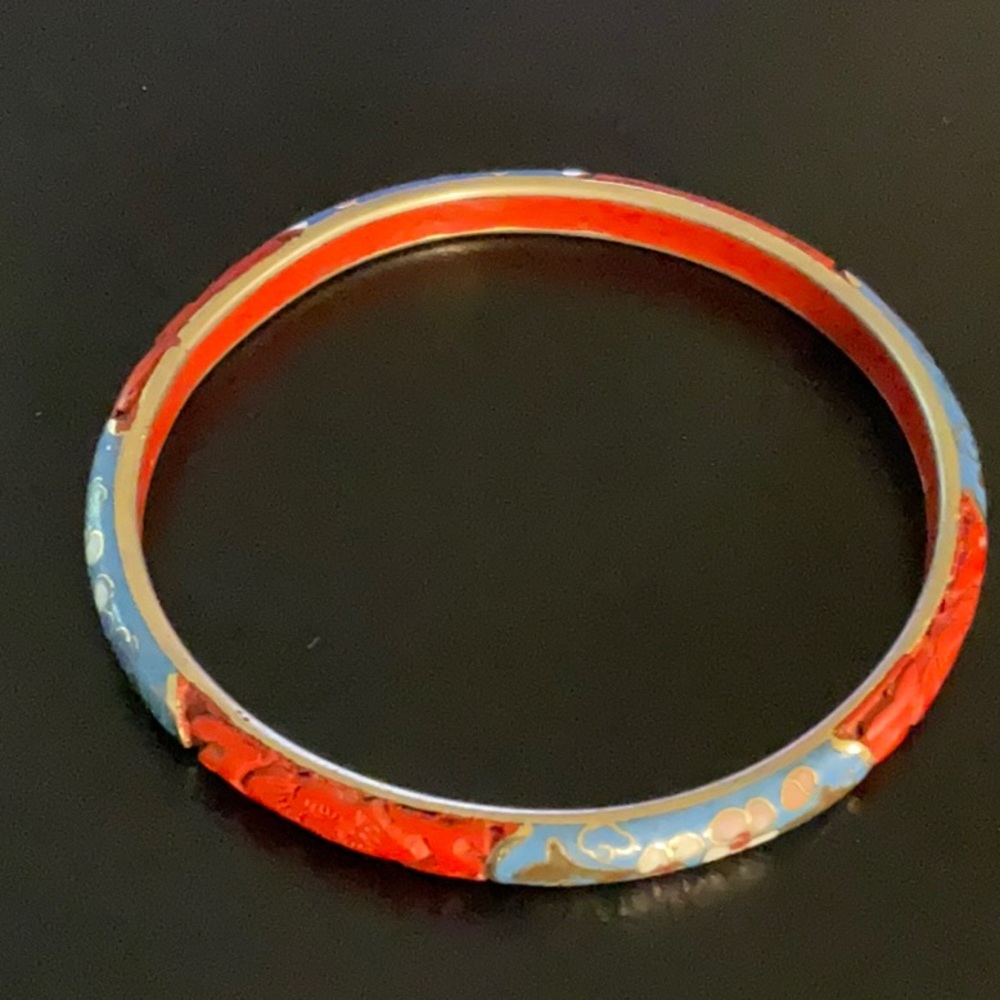 Vintage Cloisonne Bracelet, Skinny Bangle with Flowers Embossed Floral Flower